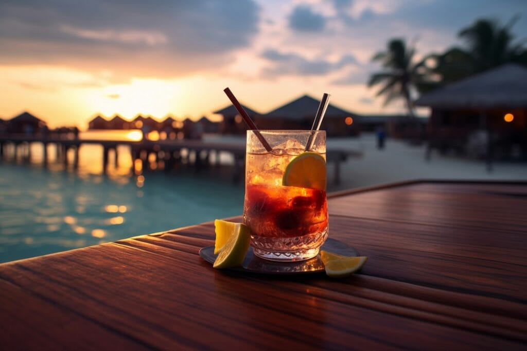 A refreshing cocktail on a rustic wooden table beside a beautiful swimming pool, perfect for summer relaxation.