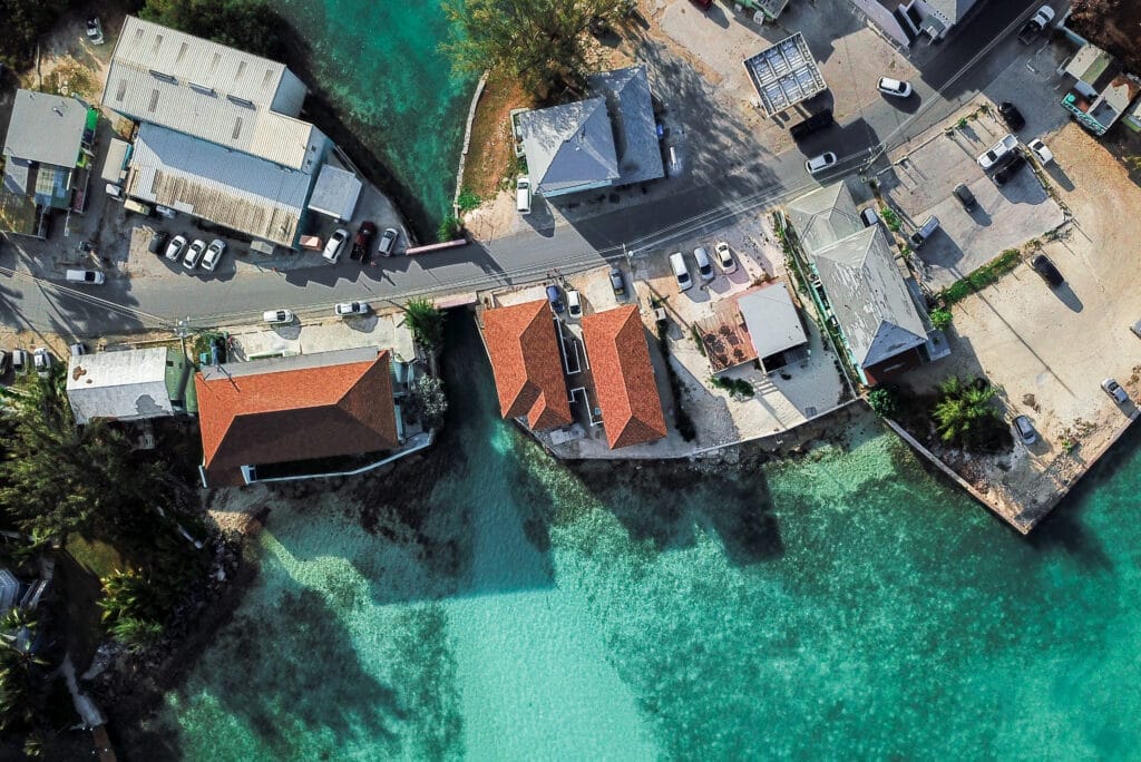 Aerial view of downtown George Town, Great Exuma, and the harbour