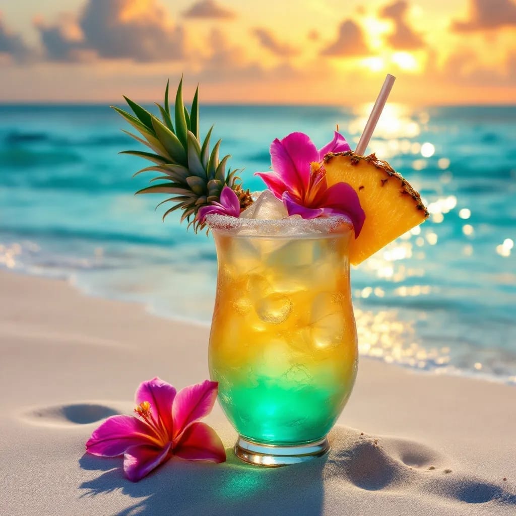 A vibrant tropical cocktail garnished with fruit, showcasing the essence of tropical craft cocktails Bahamas.