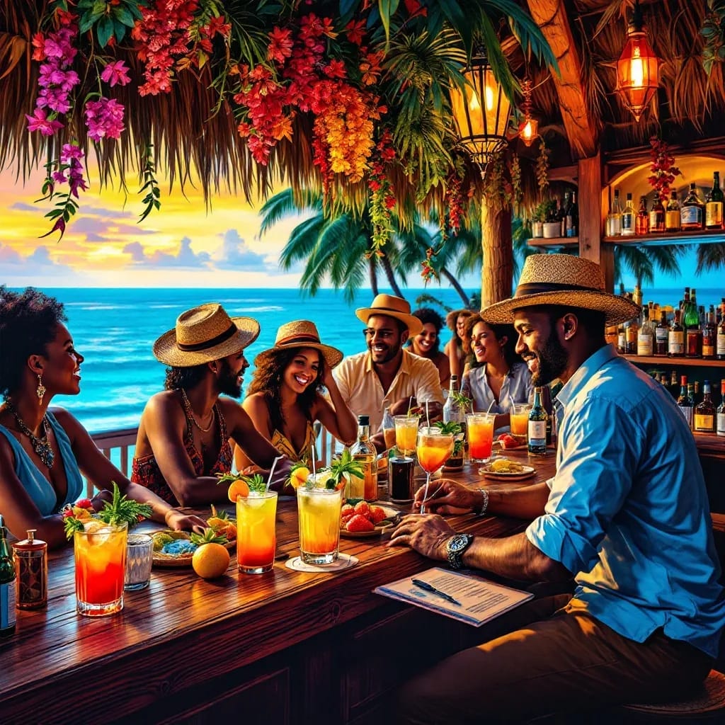 A vibrant Bahamian bar scene showcasing local drinks and patrons enjoying traditional Bahamian bar traditions.