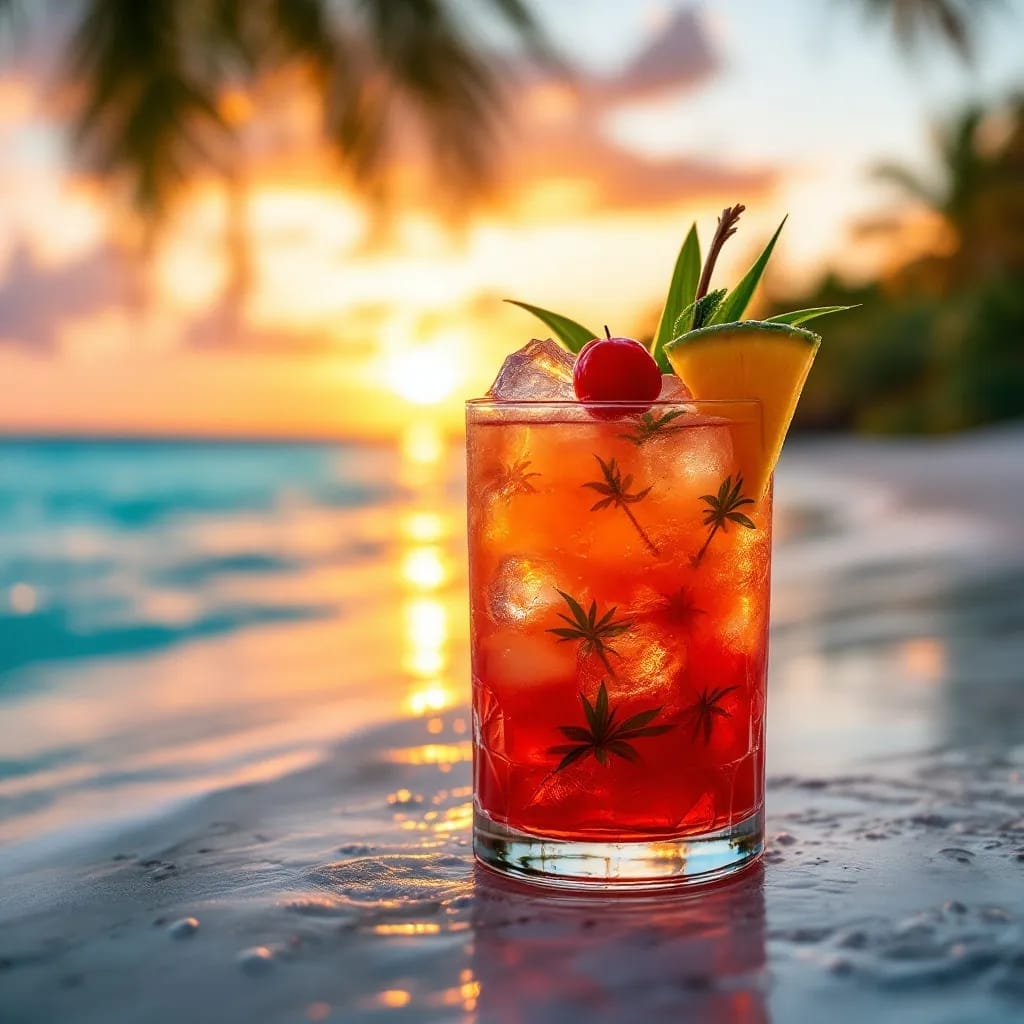 A vibrant cocktail served on a beach in Exuma, perfect for cocktail lovers Exuma enjoying the tropical scenery.