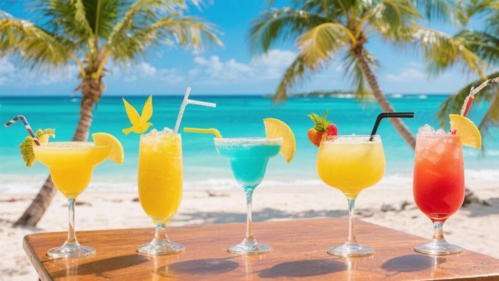 A vibrant collage of five colorful cocktails, showcasing popular handcrafted cocktails to try in the Bahamas.