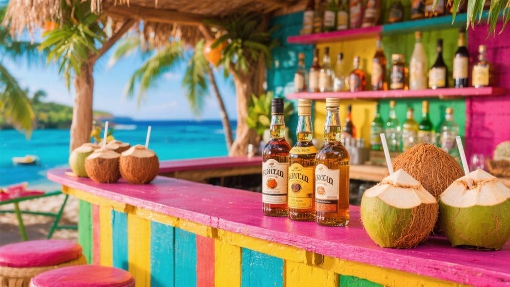 A tropical bar setup featuring rum bottles and fresh coconuts, highlighting Bahamian mixology cocktails.
